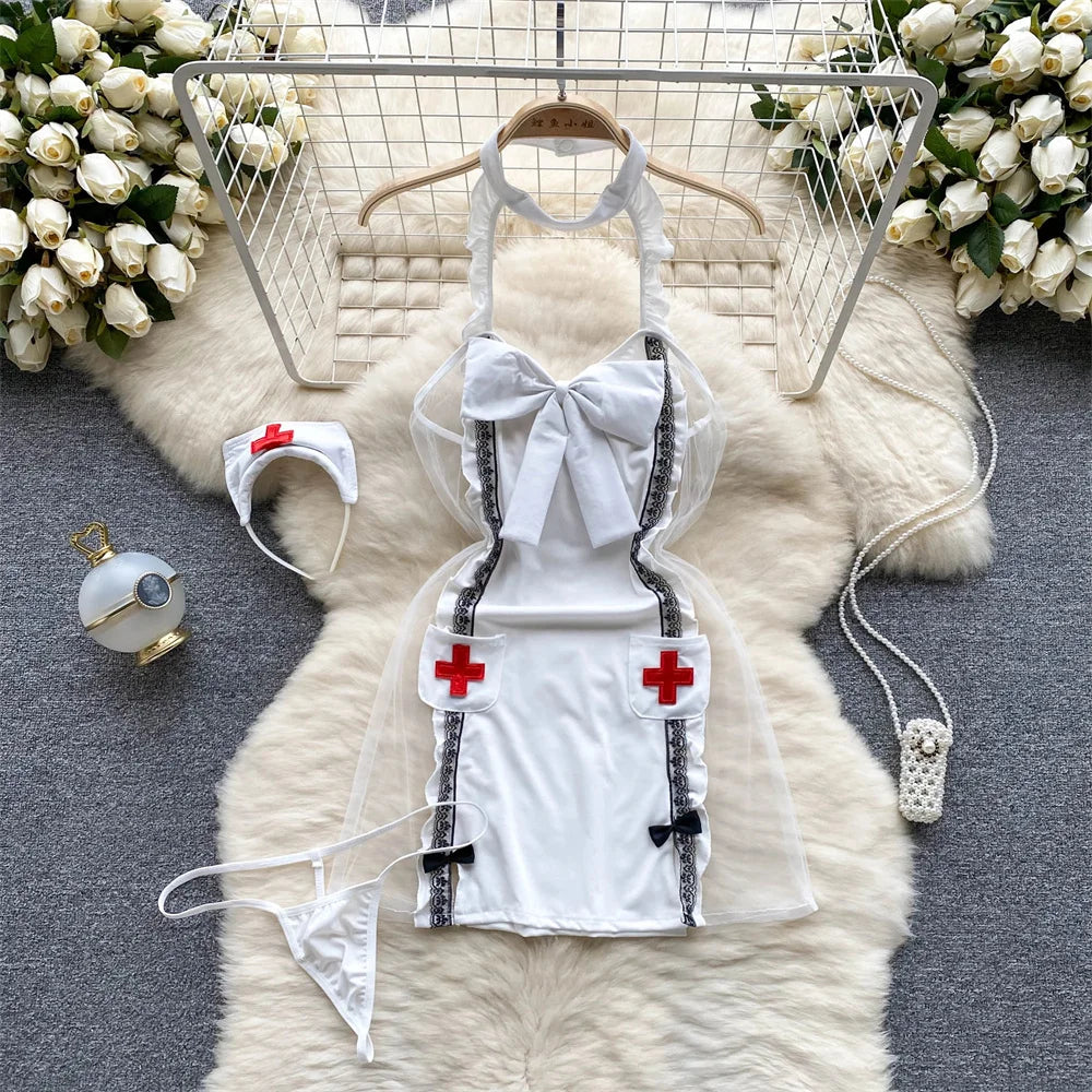 Women's Sexy Transparent Sailor Student Uniform Cosplay Costume with Sheer Bowknot Stripe Patchwork Top + Mini Skirt 2-Piece Set