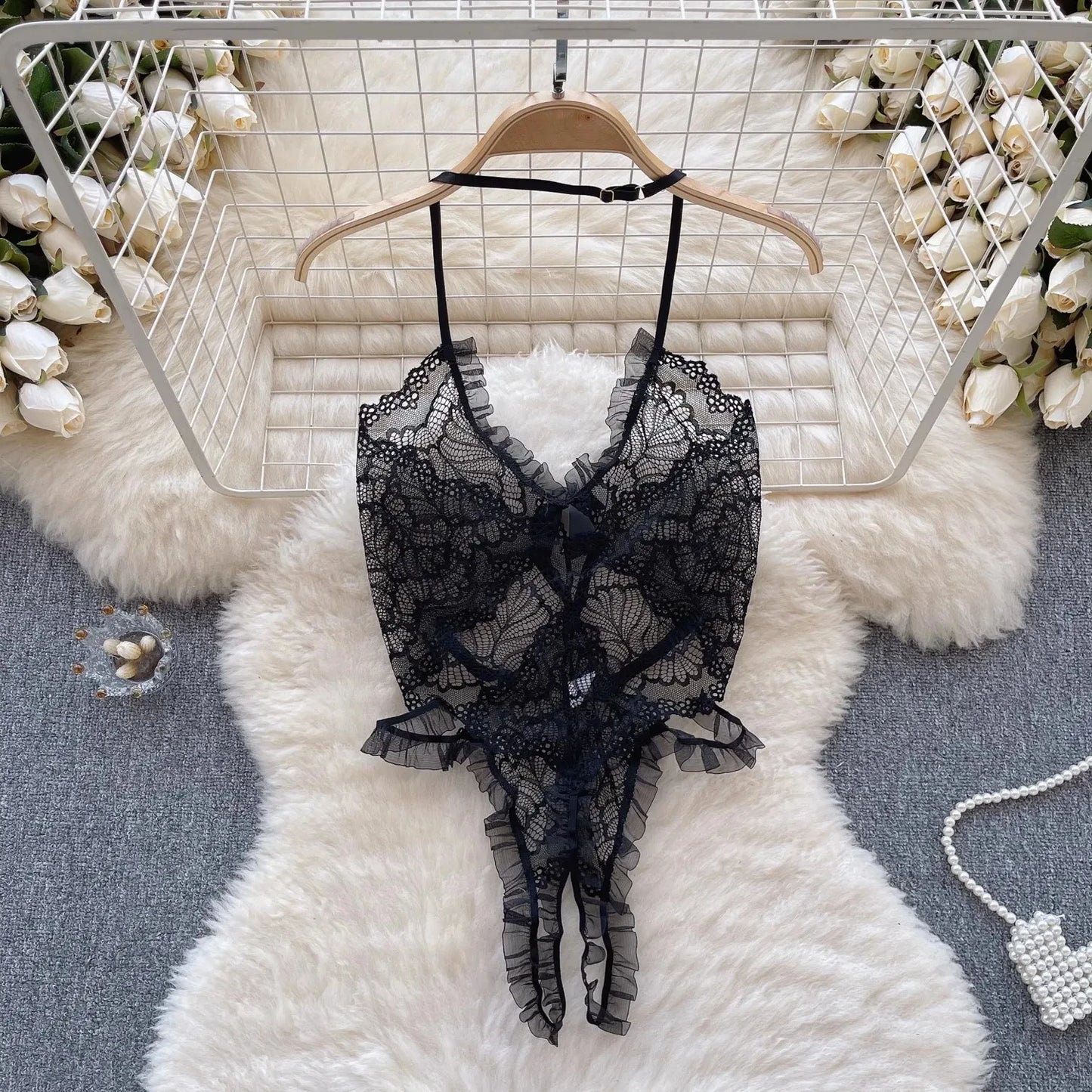Lace Playsuit Halter Transparent Ruffle Hollow Bodysuit