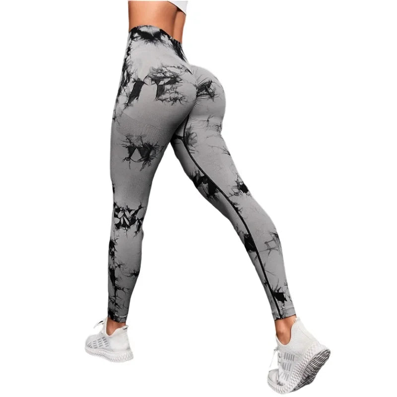 Seamless Tie-Dye High-Waist Yoga Leggings: Peach Lift Tight Workout Pants for Women