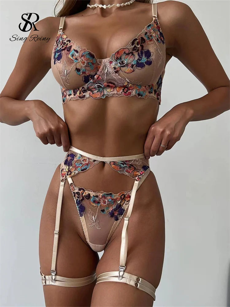 SINGREINY Floral Embroidery Sexy 4 Pieces Suits Ladies Bodycon Sheer Shapewear Strapless Club Erotic Lingerie Underwear Sets
