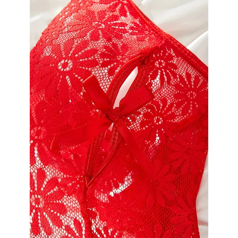 Exquisite Floral Lace Teddy: Scallop Trim, Criss-Cross Back, and Open Crotch