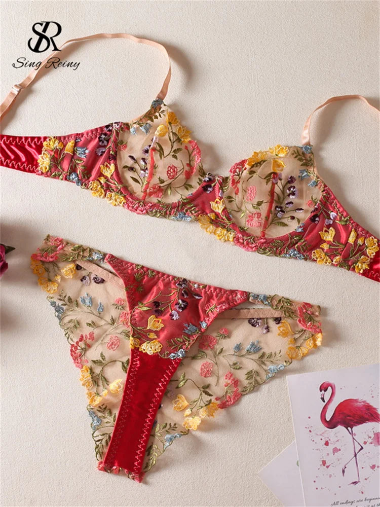 SINGREINY Floarl Sweet Sexy Underwear Suits Summmer Patchwork Slim Transparent Sleepwear Sheer Lingerie Women Bra&Briefs Sets