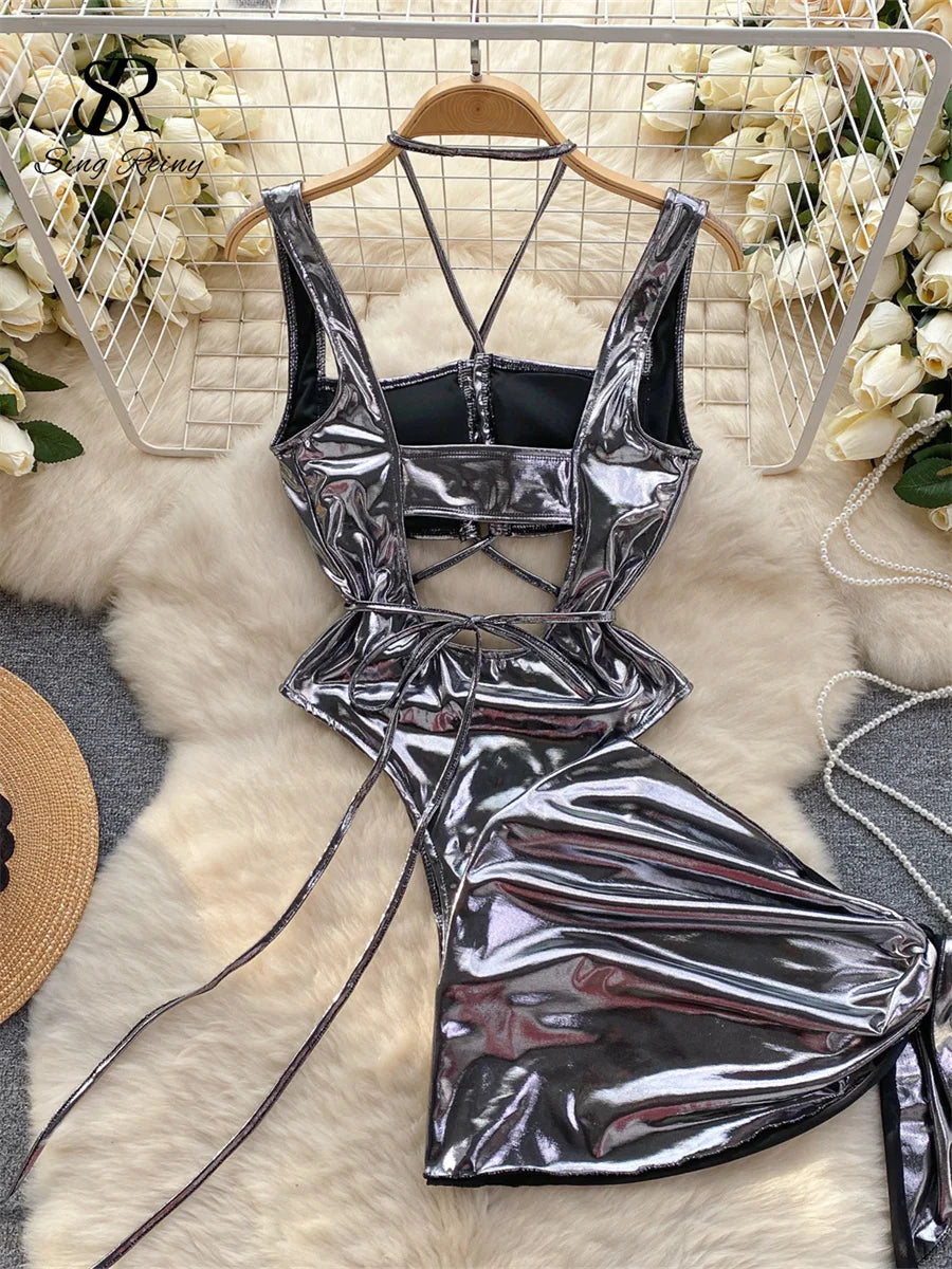 SINGREINY Women Erotic Rompers Beach Sets 2024 Backless Halter Bodysuits+Irregular Short Skirt Suit Fashion Sexy Swimsuits Suits