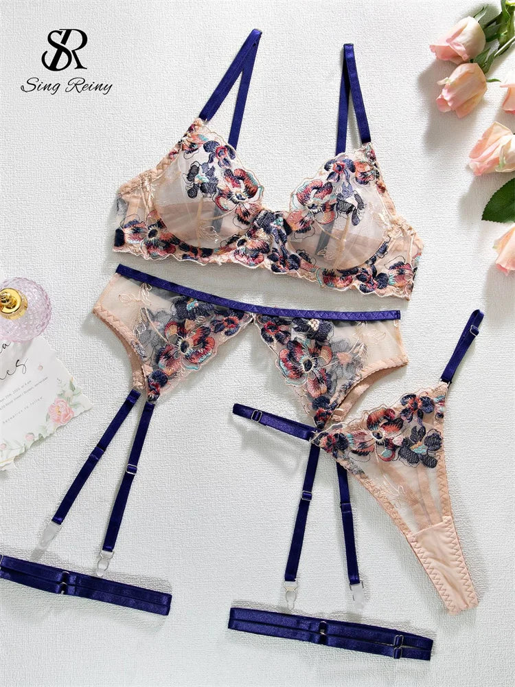 SINGREINY Floral Embroidery Sexy 4 Pieces Suits Ladies Bodycon Sheer Shapewear Strapless Club Erotic Lingerie Underwear Sets