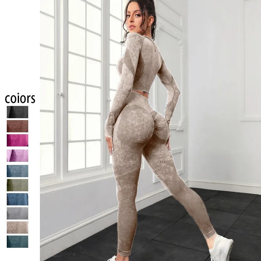 Conjunto de ioga sem costura: leggings de cintura alta e top curto de manga comprida para mulheres