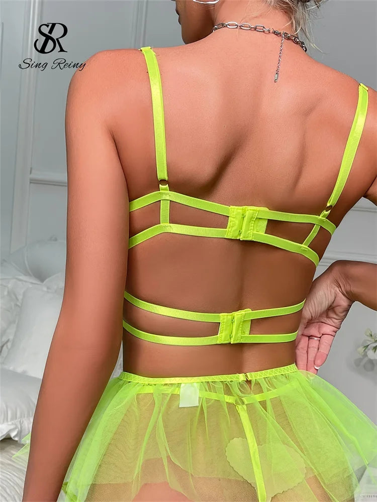 SINGREINY Floarl Embroidery Women Sensual Underwear Sets 2024 Transparent Slim Shapewear Female Gauze Lace Porno Lingerie Suits