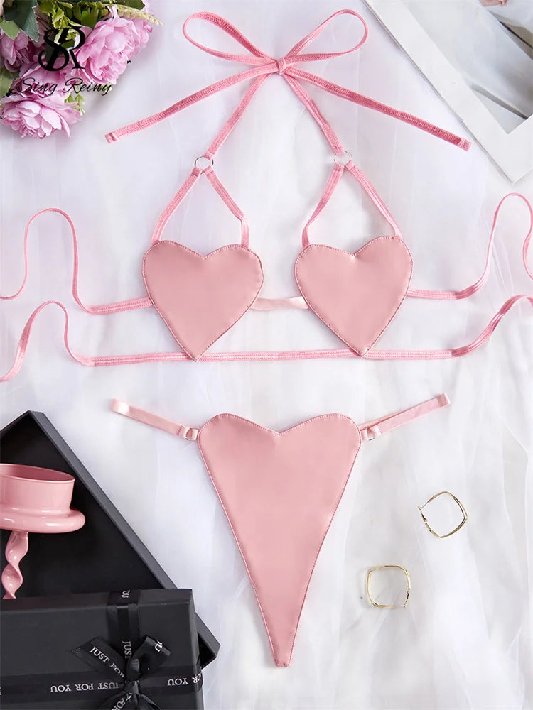 SINGREINY Fashion PU Solid Erotic Underwear Sets 2024 Love Lace Up Top+Mini Briefs Set Female Leather Sensual Lingerie Suits