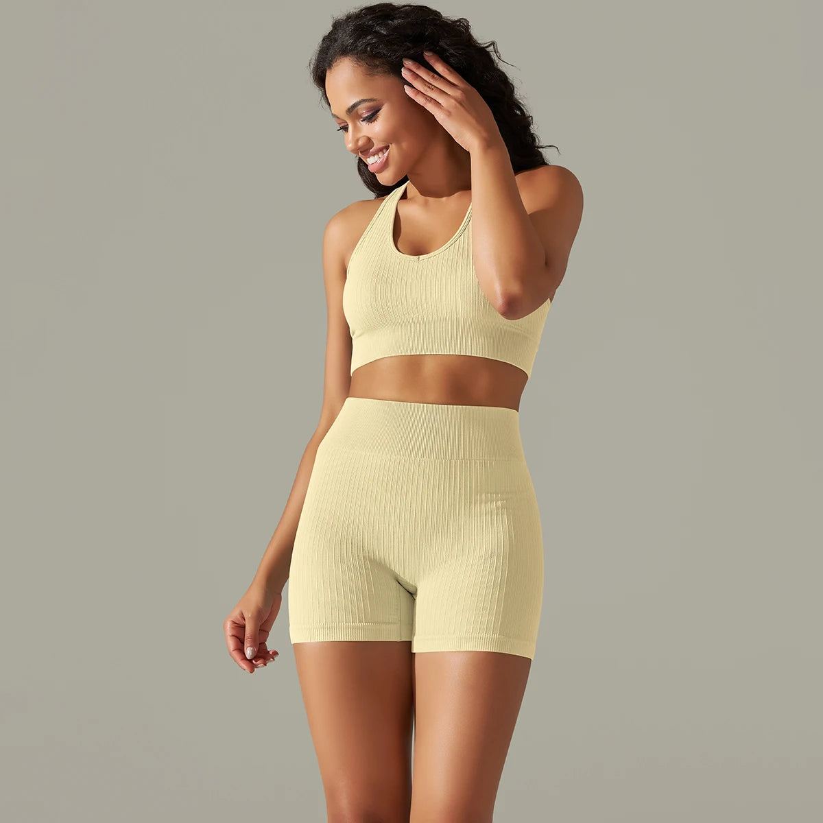 Sem costura conjunto de yoga feminino com nervuras treino esporte sutiã colheita superior cintura alta shorts yoga leggings define fitness ginásio roupas treino