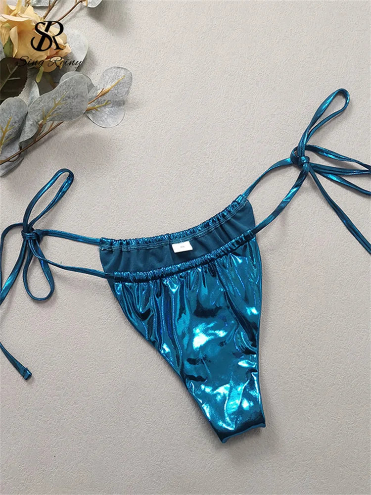 SINGREINY Women Vacation Style Sensual Bikini Suits Ladies Strapless Lace Up Sheath Underwear Fashion Shinny Sexy Swimsuits Sets
