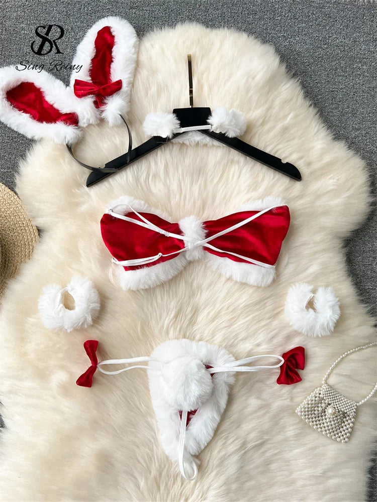 SINGREINY Cosplay Rabbit Girl Uniform Suits Women Spliced Plush Slim Sleepwear Fashion Erotic Lingerie Female Bra&Briefs Sets
