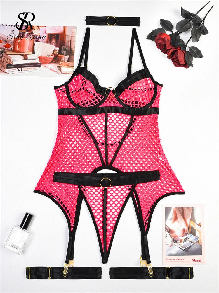 SINGREINY Women Mesh Transparent Erotic Underwear Suits Fashion Strapless Backless Slim Shapewear Sheer Sexy Two Pieces Sets