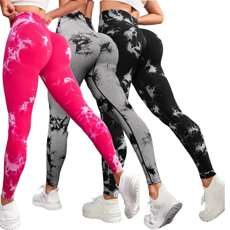 Seamless Tie-Dye High-Waist Yoga Leggings: Peach Lift Tight Workout Pants for Women