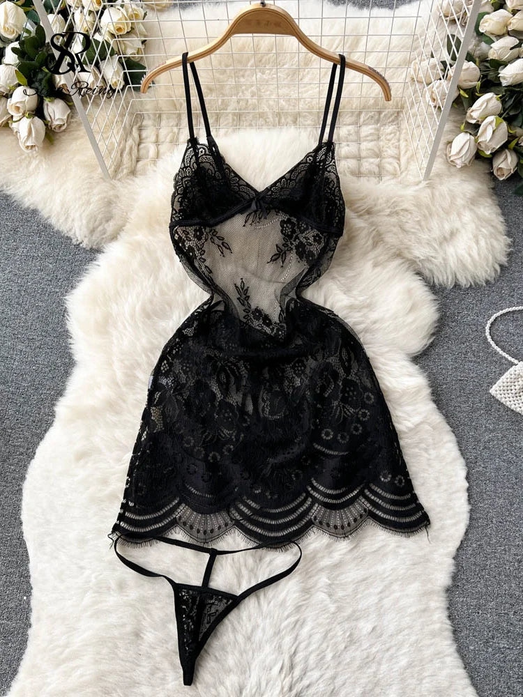 SINGREINY Ruffles Sensual Sheer Camis Night Dress Summer Straps Sleeveless Short Dress Embroidery Hollow Out Sexy Lace Pajamas