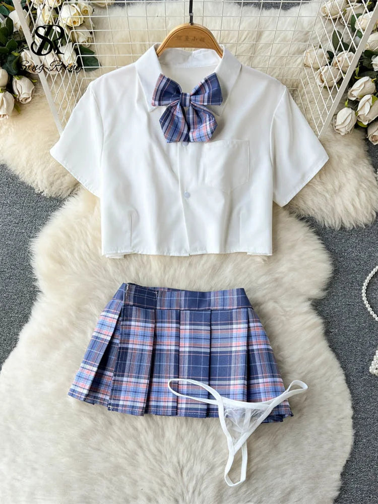 SINGREINY Japan Style Erotic Women Suits Bow Short Sleeve Tops+Mini Pleated Skirt Set JK Role Play Plaid Lingerie Sexy Sets