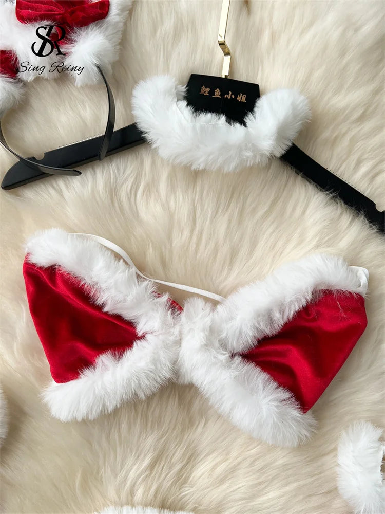 SINGREINY Cosplay Rabbit Girl Uniform Suits Women Spliced Plush Slim Sleepwear Fashion Erotic Lingerie Female Bra&Briefs Sets