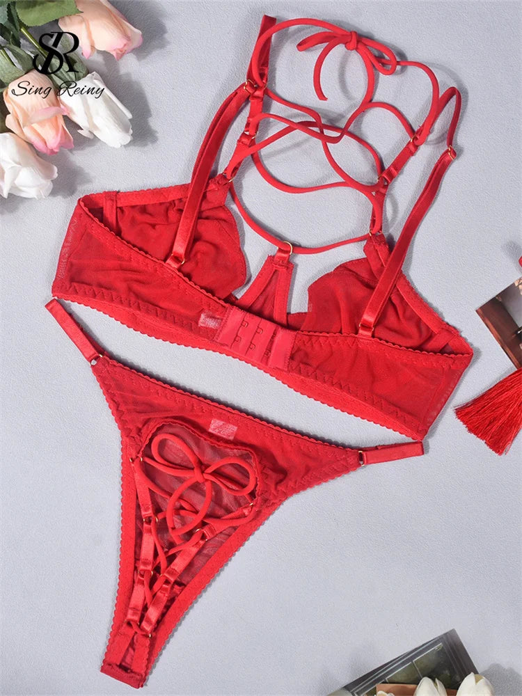 SINGREINY Hollow Out Corset Sexuality Underwear Sets 2024 Transparent Bodycon Club Shapewear Female Halter Erotic Lingerie Suits