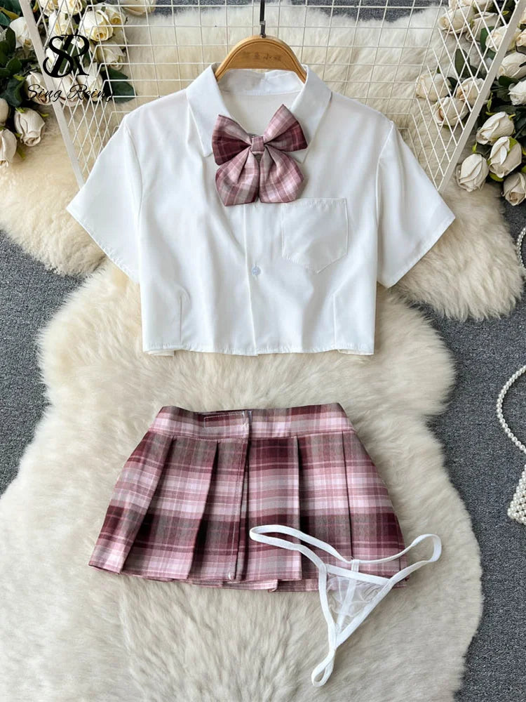 SINGREINY Japan Style Erotic Women Suits Bow Short Sleeve Tops+Mini Pleated Skirt Set JK Role Play Plaid Lingerie Sexy Sets