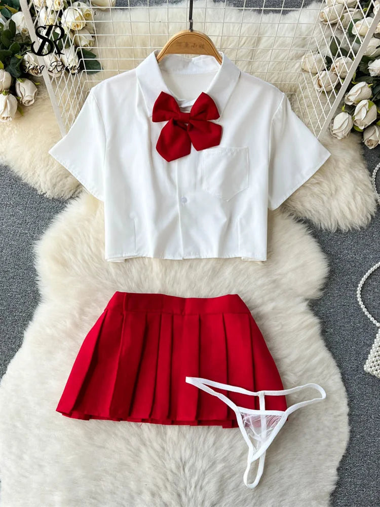 SINGREINY Japan Style Erotic Women Suits Bow Short Sleeve Tops+Mini Pleated Skirt Set JK Role Play Plaid Lingerie Sexy Sets
