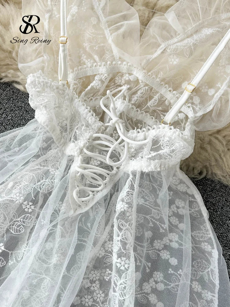 SINGREINY Summer Lace Ruffles Sheer Nightwear Women Sexy Embroidery Camis Slim Pajamas Backless 2023 Erotic Sensual Night Dress