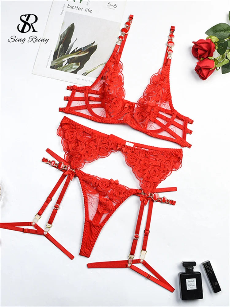 SINGREINY Retro Porno Corset Sexy 3 Pieces Sets Ladies Sheer Backless Bodycon Lingerie Fashion Solid Erotic Underwear Suits