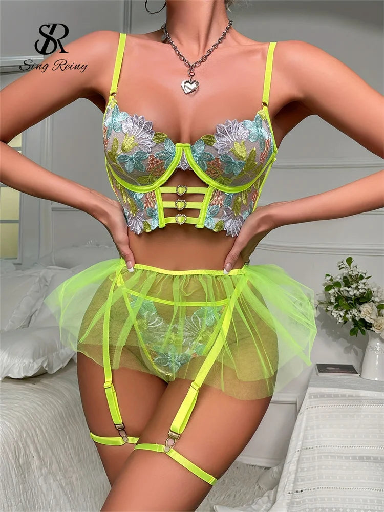 SINGREINY Floarl Embroidery Women Sensual Underwear Sets 2024 Transparent Slim Shapewear Female Gauze Lace Porno Lingerie Suits