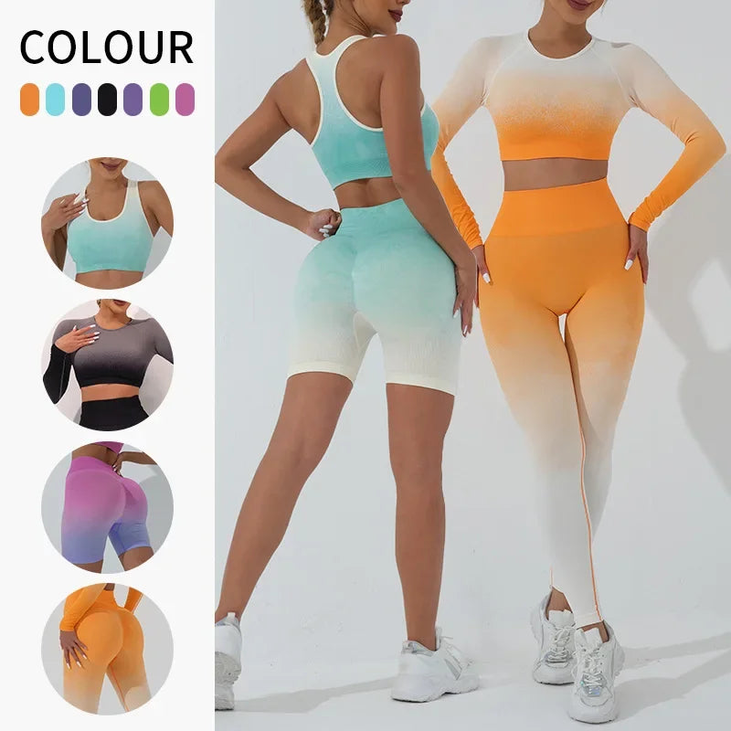 Seamless Gradient Yoga Set: High-Waist Hip Lift Shorts & Beauty Back Vest for Women