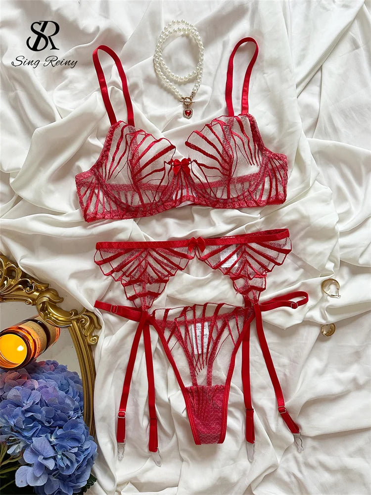 SINGREINY Sheer Gauze Striped Sexy Underwear Sets Embroidery Corset Sleepwear Women Lingerie Transparent Erotic 3 Pieces Suits
