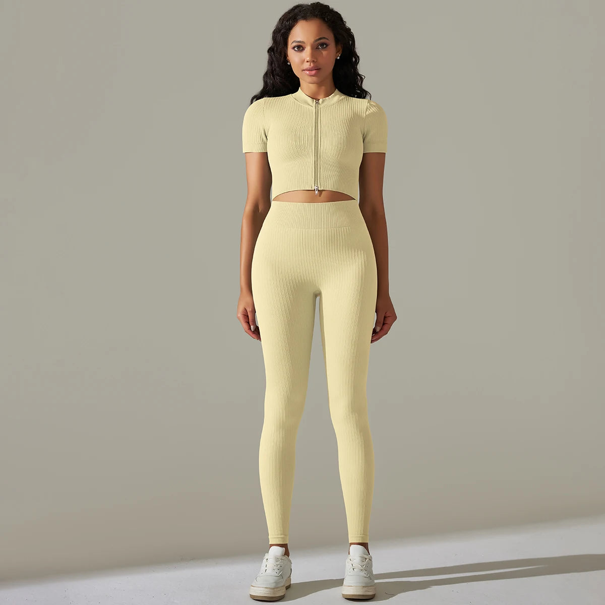 Sem costura conjunto de yoga feminino com nervuras treino esporte sutiã colheita superior cintura alta shorts yoga leggings define fitness ginásio roupas treino
