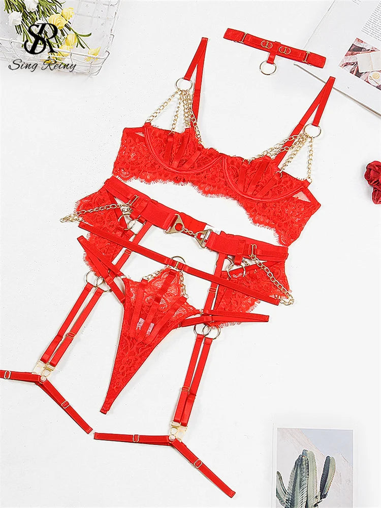 SINGREINY Women Chain Spliced Lace Underwear Sets Camis Slim Club Sleepwear Fashion Lingerie Hollow Out Erotic Bra&Briefs Suits