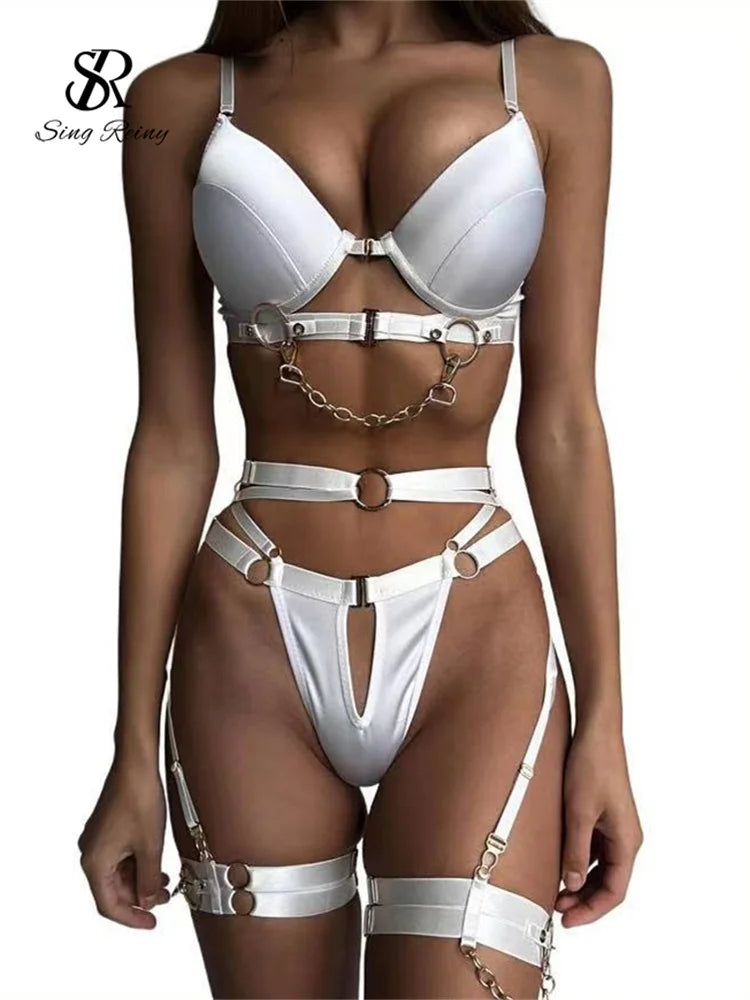 SINGREINY Sexy Fashion Chain Erotic 3 Pieces Sets Ladies Straps Backless Corset Underwear Solid Erotic Sensual Bra&Briefs Suits