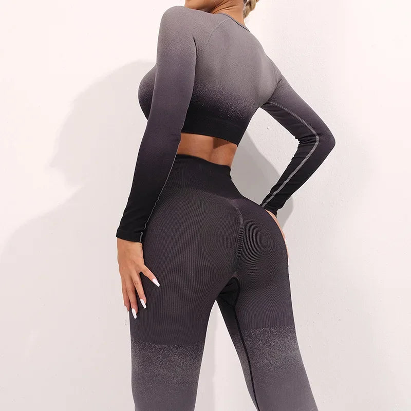 Seamless Gradient Yoga Set: High-Waist Hip Lift Shorts & Beauty Back Vest for Women