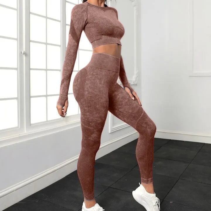 Conjunto de ioga sem costura: leggings de cintura alta e top curto de manga comprida para mulheres
