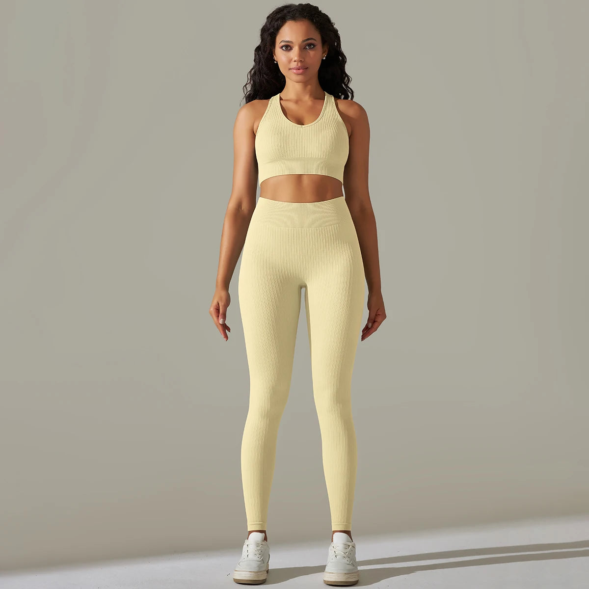Sem costura conjunto de yoga feminino com nervuras treino esporte sutiã colheita superior cintura alta shorts yoga leggings define fitness ginásio roupas treino