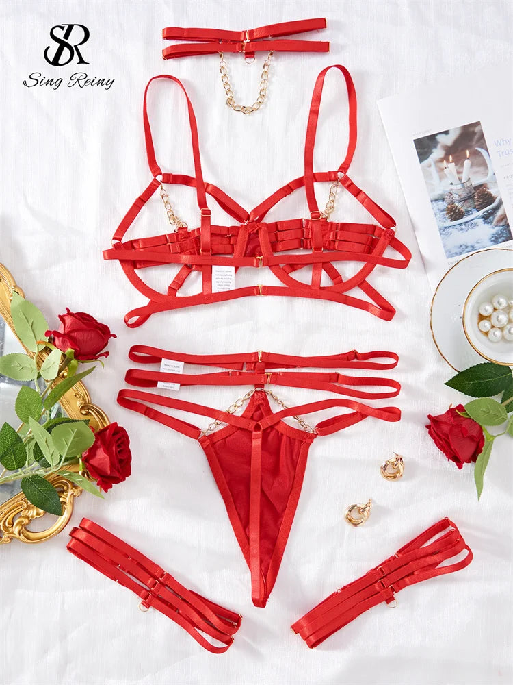SINGREINY Hollow Out Erotic Sheath Female Underwear Sets 2024 Club Skinny Sleepwear Fashion Chain Sensual Erotic 3 Pieces Suits