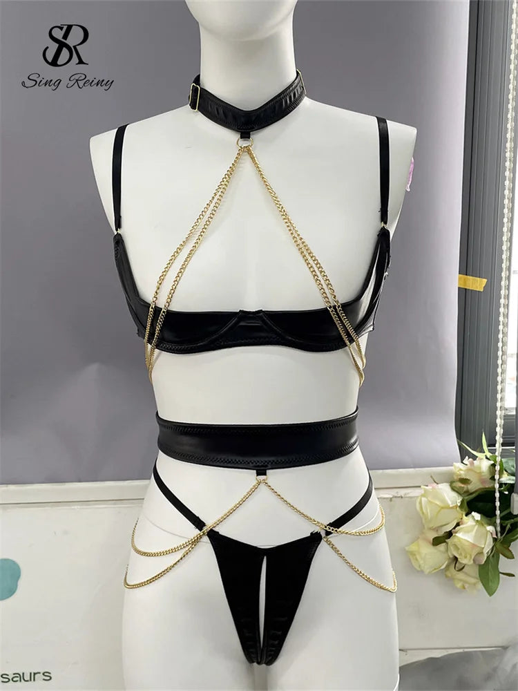 SINGREINY Women Chain Erotic Bra&Briefs Sets Sheath Hollow Out Halter Lingerie Fashion Solid Sensual Shapewear Underwear Suits