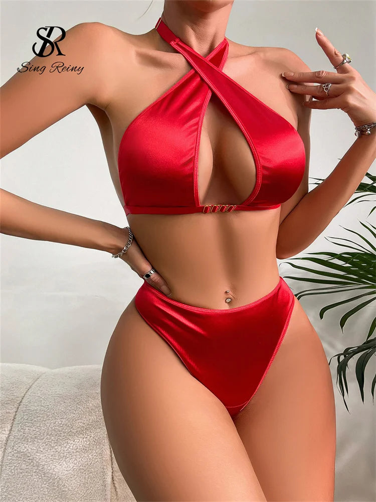 SINGREINY Ladies Solid Erotic Bra&Briefs Suits Fashion Simplicity Club Skinny Lingerie Women Corss Halter Porno Underwear Sets