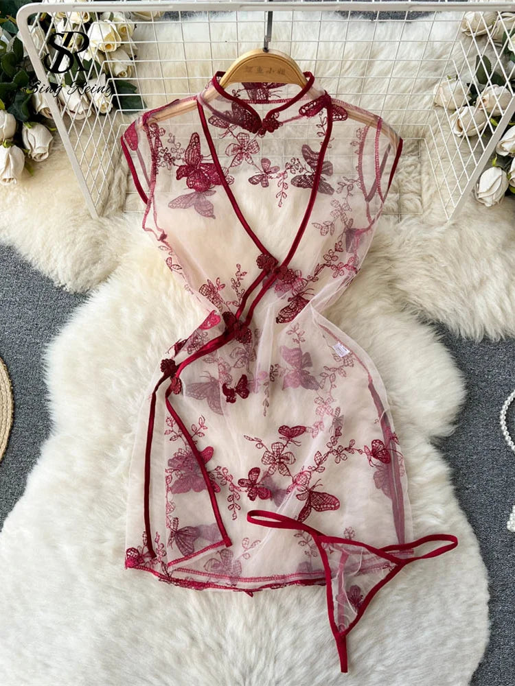 SINGREINY Mesh Sheer Sexy Night Dress Women Hollow Out Split Retro Underwear Embroidery Cheongsam Summer Sheath Erotic Pajamas