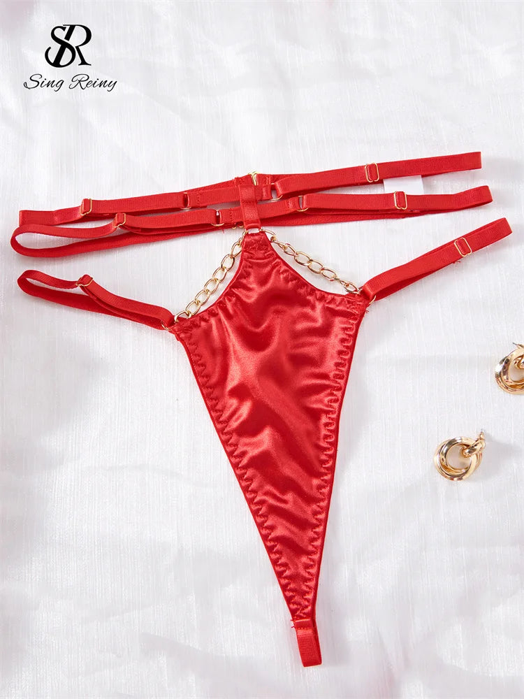 SINGREINY Hollow Out Erotic Sheath Female Underwear Sets 2024 Club Skinny Sleepwear Fashion Chain Sensual Erotic 3 Pieces Suits