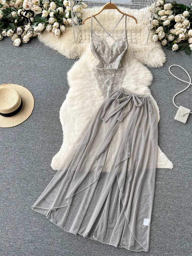 SINGREINY Lace Sensual Erotic Two Pieces Suits Camis Short Bodysuits Tops+Midi Long Mesh Chiffon Skirts Women Underwear Sets