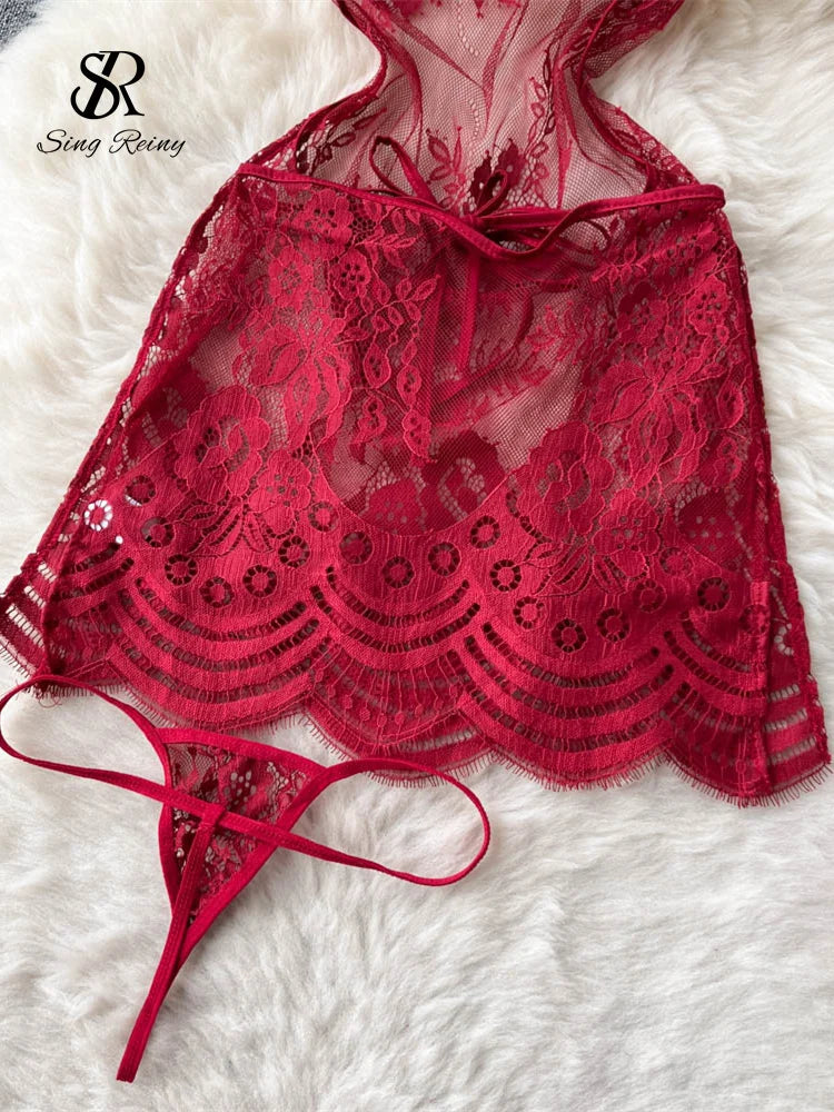 SINGREINY Ruffles Sensual Sheer Camis Night Dress Summer Straps Sleeveless Short Dress Embroidery Hollow Out Sexy Lace Pajamas