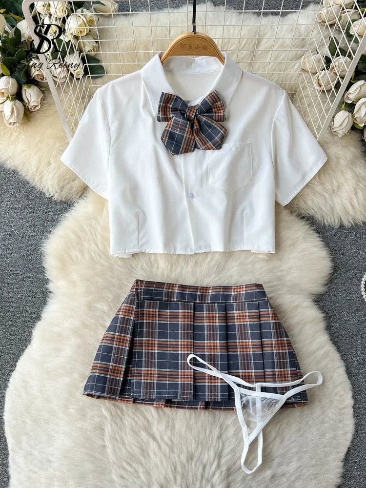 SINGREINY Japan Style Erotic Women Suits Bow Short Sleeve Tops+Mini Pleated Skirt Set JK Role Play Plaid Lingerie Sexy Sets