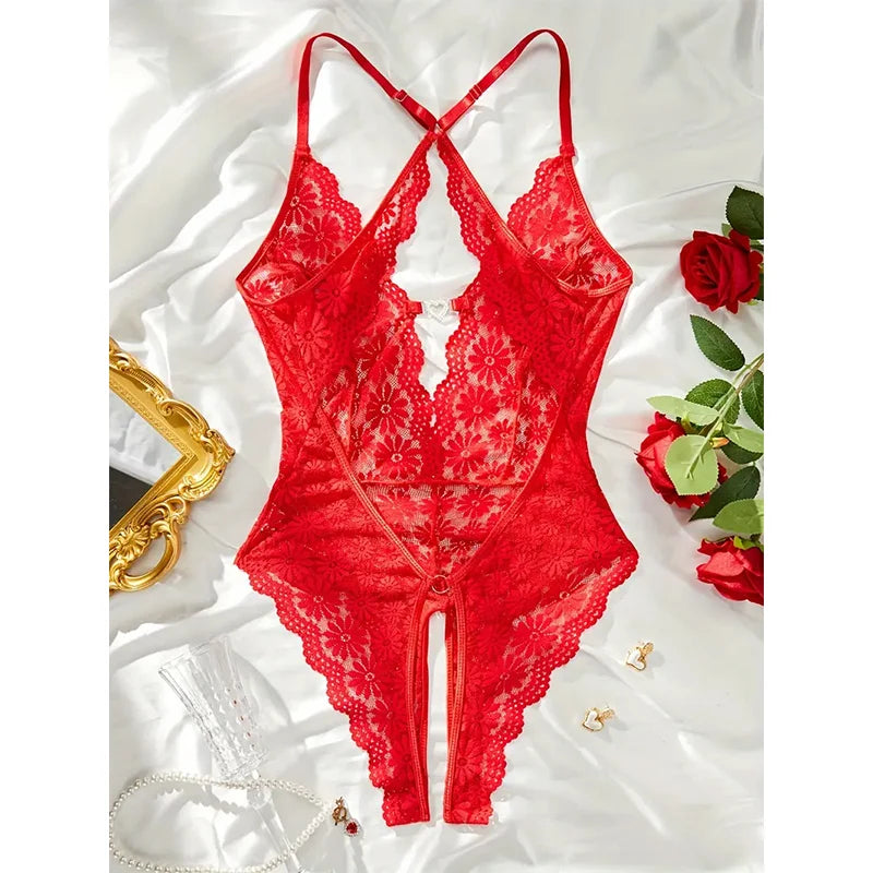 Exquisite Floral Lace Teddy: Scallop Trim, Criss-Cross Back, and Open Crotch