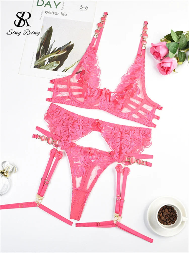SINGREINY Retro Porno Corset Sexy 3 Pieces Sets Ladies Sheer Backless Bodycon Lingerie Fashion Solid Erotic Underwear Suits