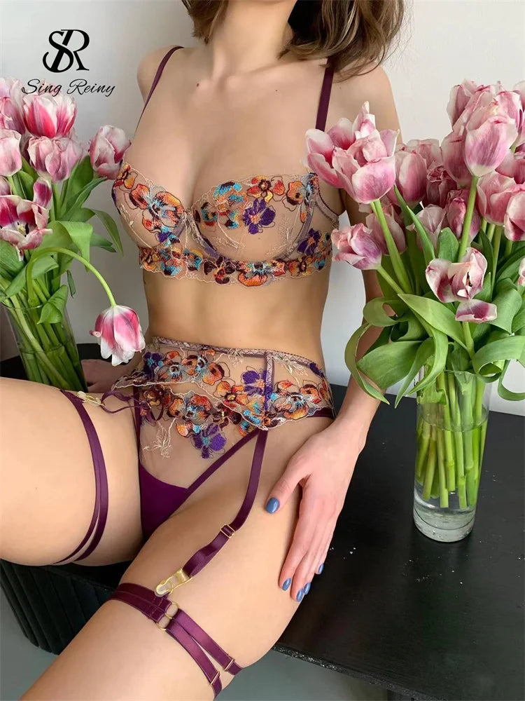 SINGREINY Floral Embroidery Sexy 4 Pieces Suits Ladies Bodycon Sheer Shapewear Strapless Club Erotic Lingerie Underwear Sets