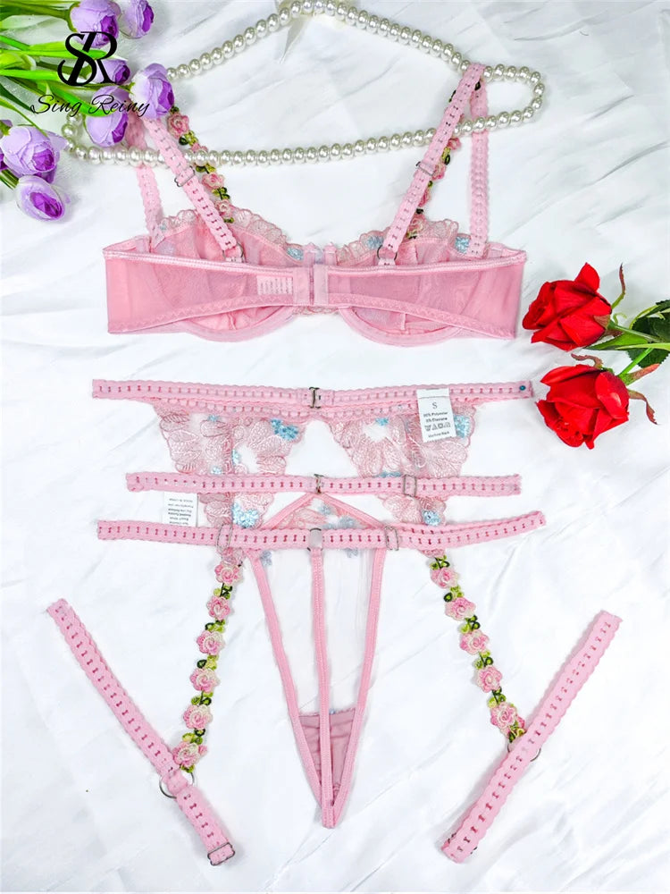 SINGREINY Sweet Lace Spliced Floral Underwear Sets Sensual Skinny Ladies Lingerie Women Erotic Embroidery Sheer Bra&Briefs Suits
