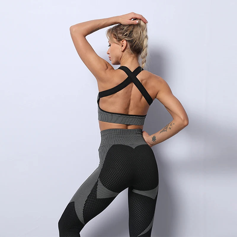 Sem costura feminino yoga ginásio ternos esportivos de fitness treino correndo roupas esportivas manga longa colheita superior leggings sutiã conjunto atlético