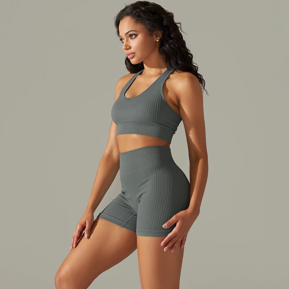 Sem costura conjunto de yoga feminino com nervuras treino esporte sutiã colheita superior cintura alta shorts yoga leggings define fitness ginásio roupas treino