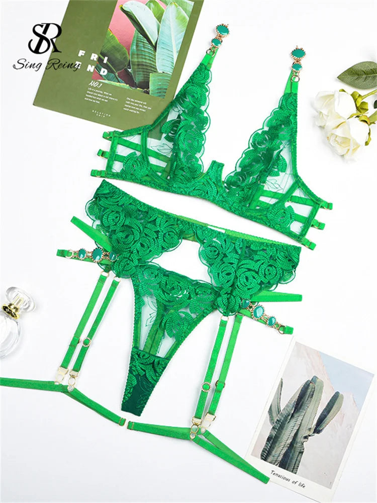 SINGREINY Retro Porno Corset Sexy 3 Pieces Sets Ladies Sheer Backless Bodycon Lingerie Fashion Solid Erotic Underwear Suits