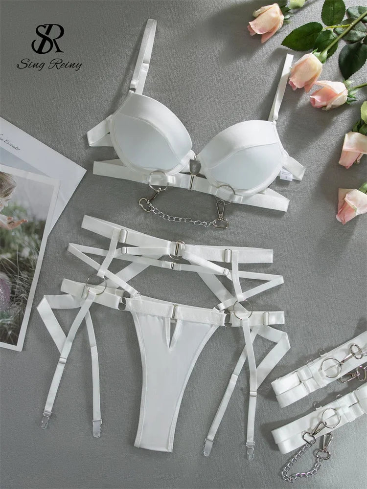 SINGREINY Sexy Fashion Chain Erotic 3 Pieces Sets Ladies Straps Backless Corset Underwear Solid Erotic Sensual Bra&Briefs Suits