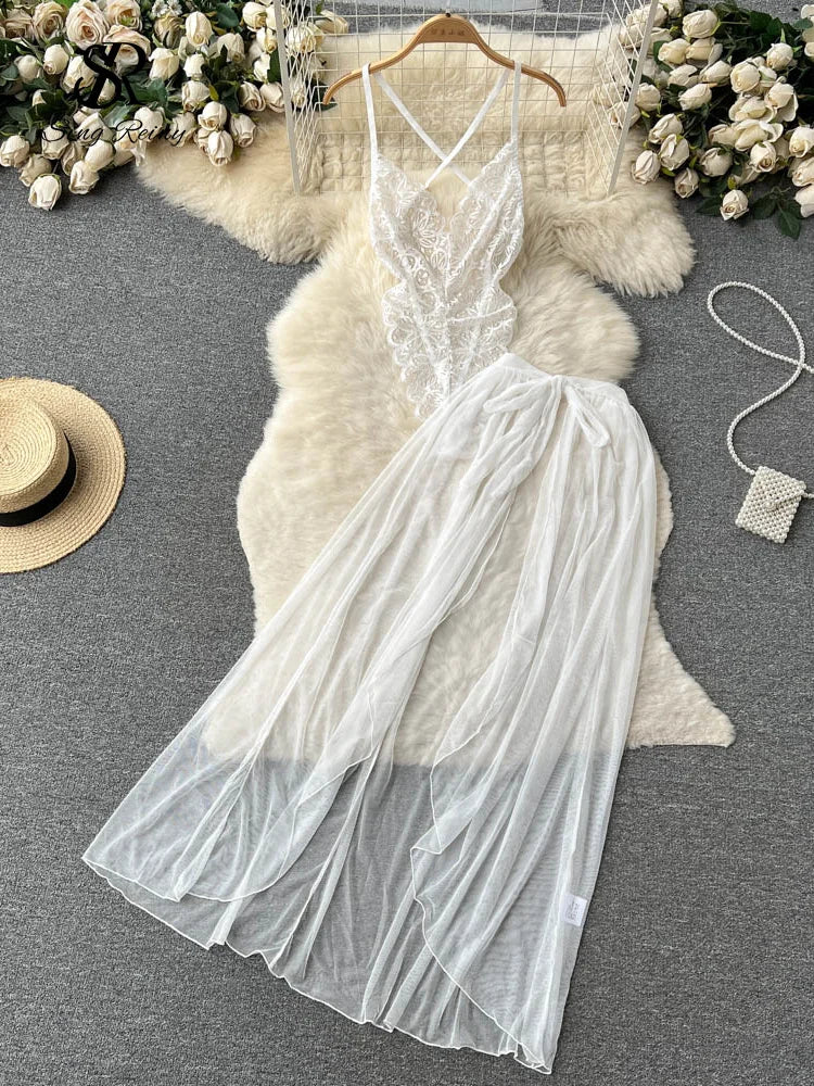 SINGREINY Lace Sensual Erotic Two Pieces Suits Camis Short Bodysuits Tops+Midi Long Mesh Chiffon Skirts Women Underwear Sets